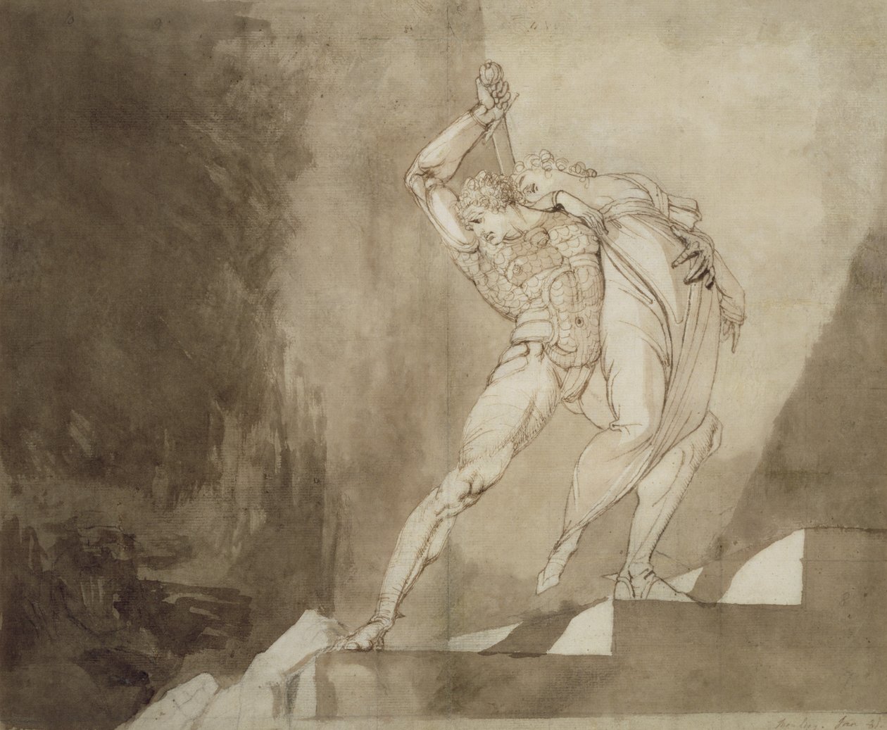 En kriger redder en dame, 1780-85 (pen, blæk og vask på papir) af Johann Heinrich Füssli
