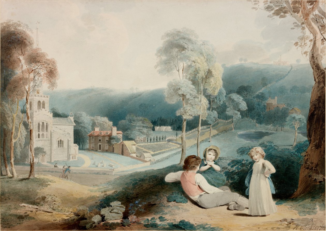 Børn i landskab med kirke (bodycolour) af Henry James Richter