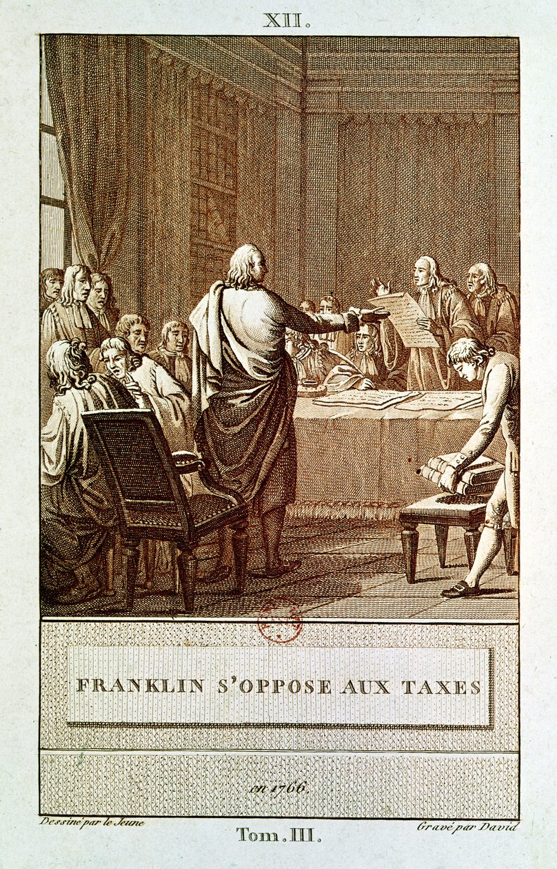 Benjamin Franklin præsenterer sin modstand mod skatterne i 1766, indgraveret af David af Henry Le Jeune