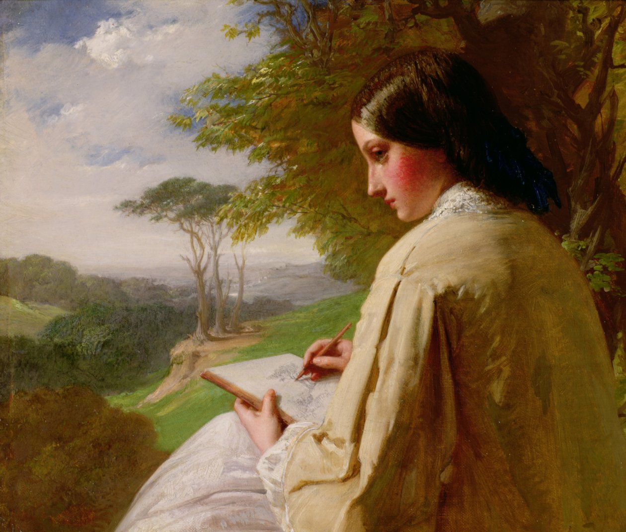 Ung dame skitserer i et landskab af Henry Le Jeune