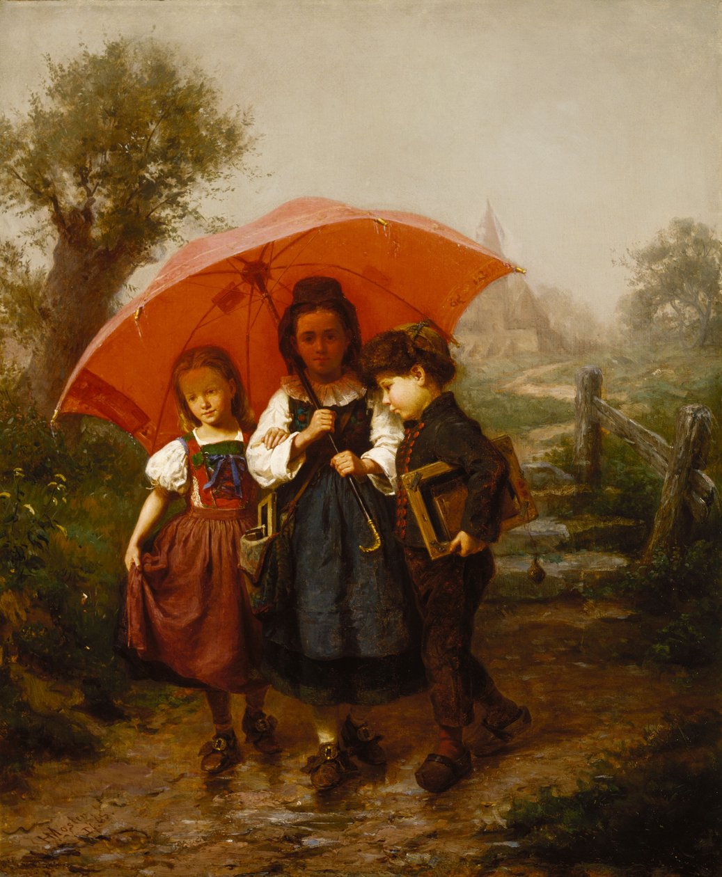Børn under en rød paraply af Henry Mosler
