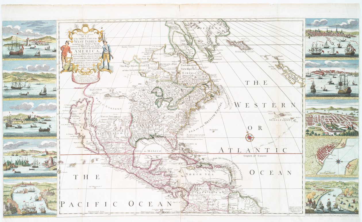 Et nyt og korrekt kort over handelsdelen af Vestindien, 1741 (håndfarvet tryk) af Henry Overton