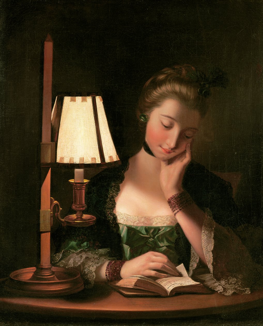 Kvinde læser af en papirklokkeskærm, 1766 af Henry Robert Morland