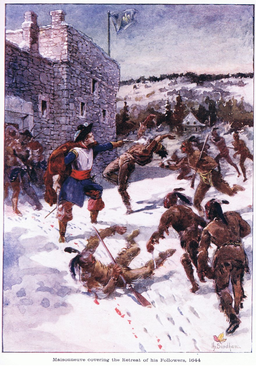 Maisonneuve, der dækker hans tilhængeres tilbagetog 1644, c.1920 af Henry Sandham