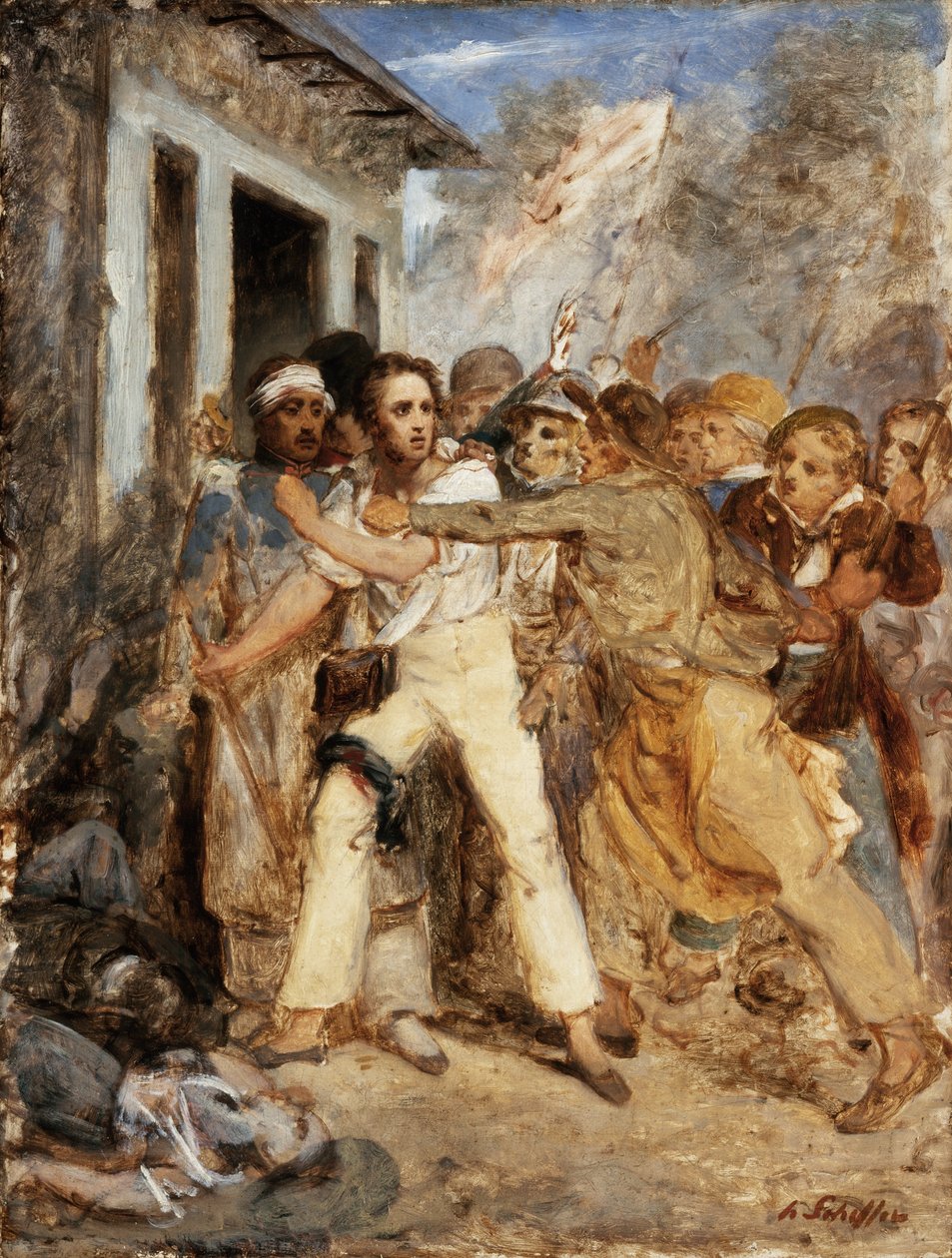 Study for a Battle Scene: En mand bliver arresteret, ca. 1830 af Henry Scheffer