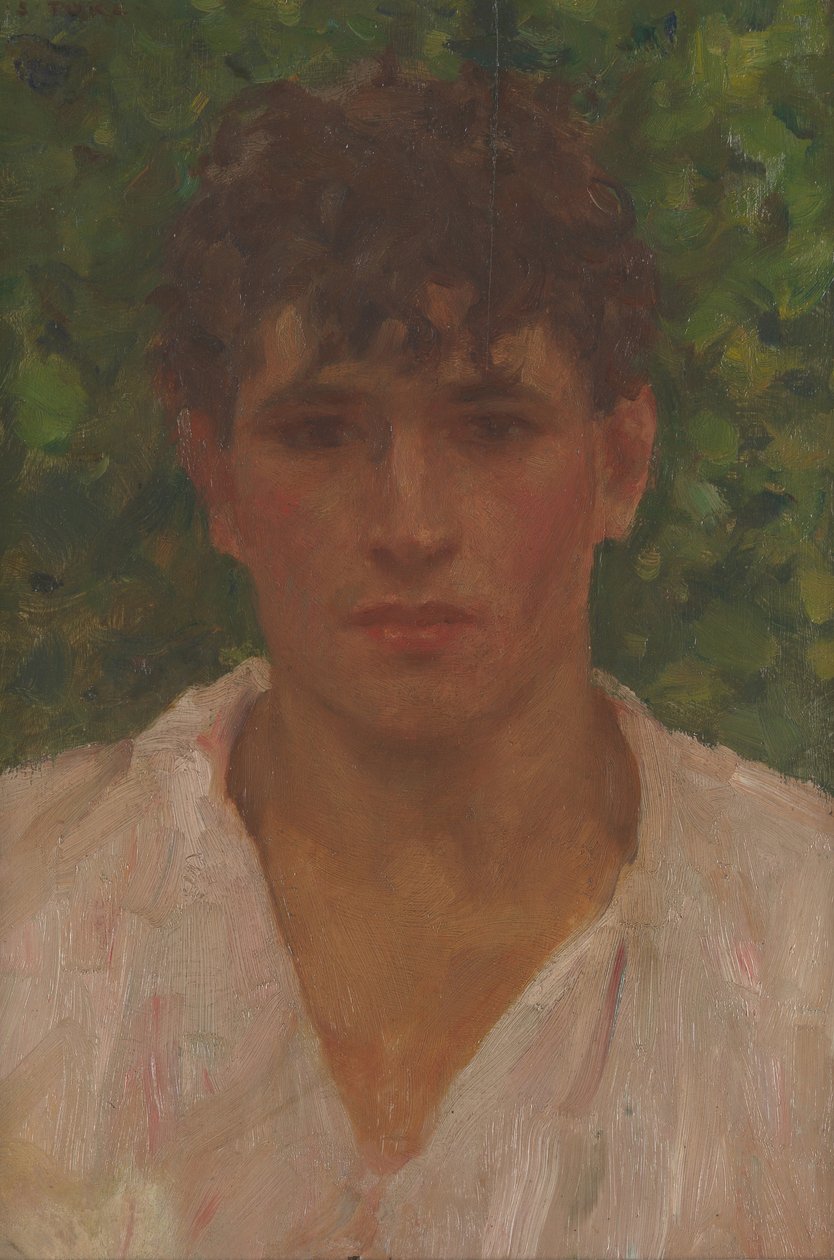 Portræt af en ung mand med åben krave af Henry Scott Tuke