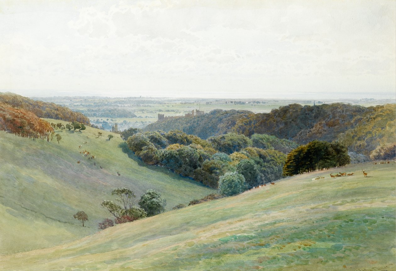 Arundel Castle fra Deer Park, Sussex, 1884 (wc på papir) af Henry Sutton Palmer