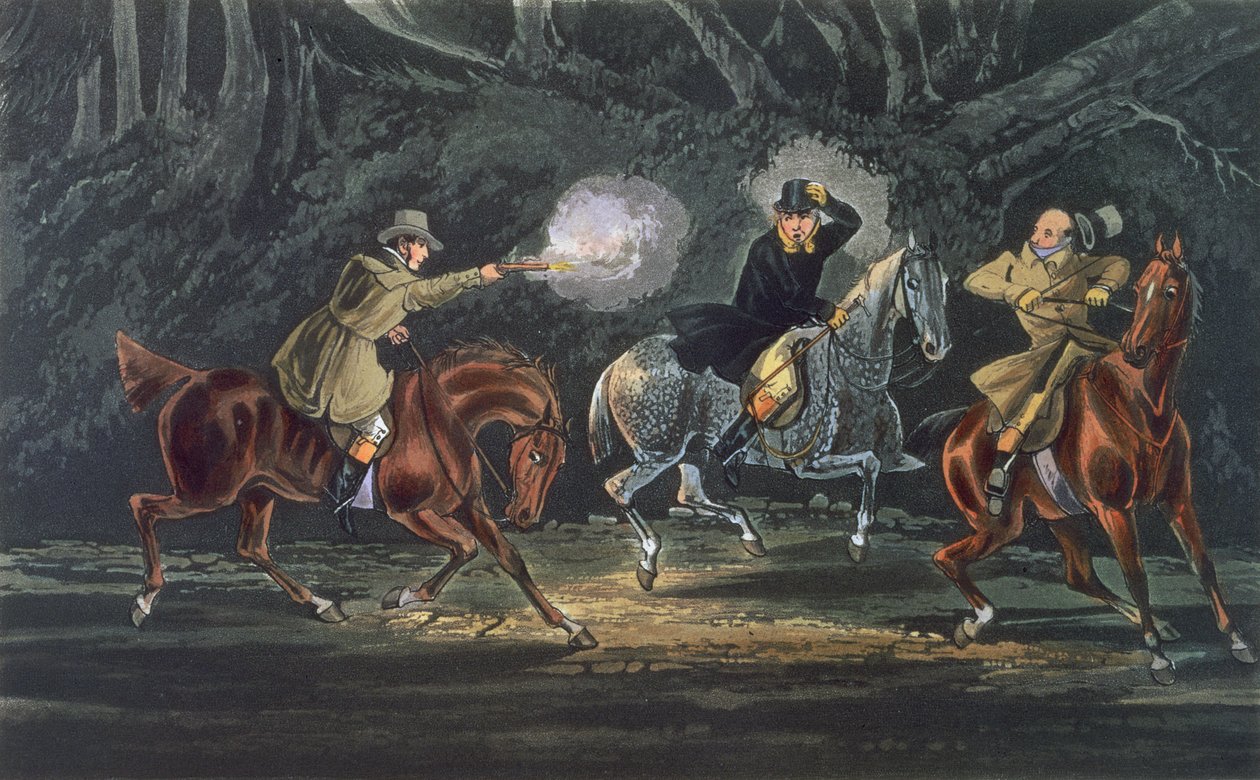 Stand and Deliver, aquatineret af E. Duncan, pub. 1851 af R. Ackermann (akvatint) af Henry Thomas Alken