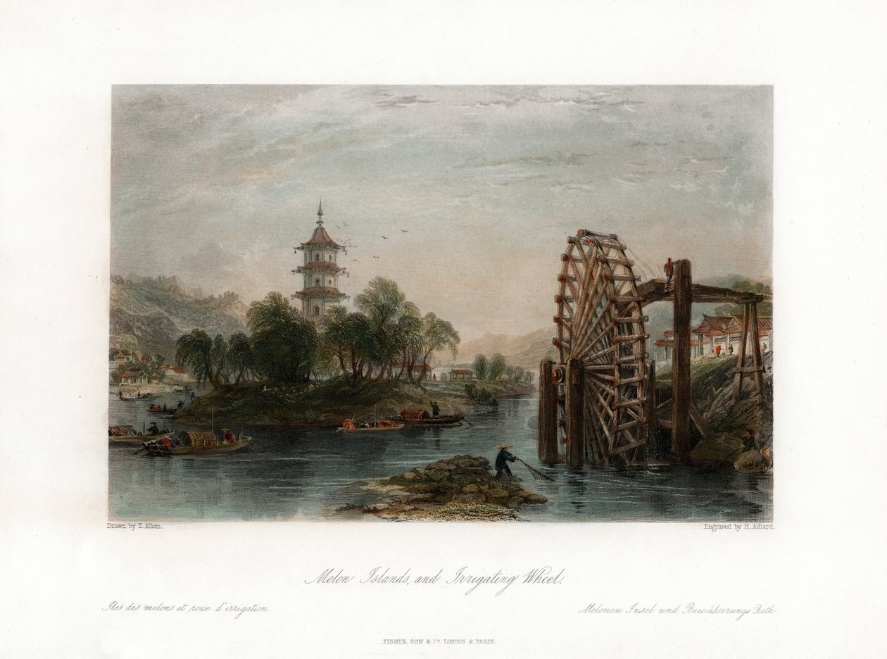Melon Islands, and Irrigating Wheel, Kina, c1840. af Henry Adlard