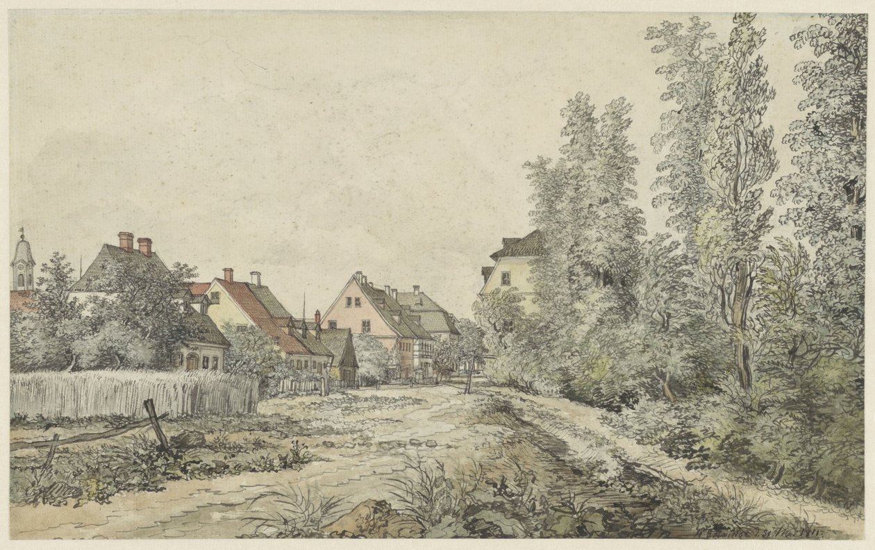 Landsbyvej med huse (i Tyskland?) af Henry Edridge
