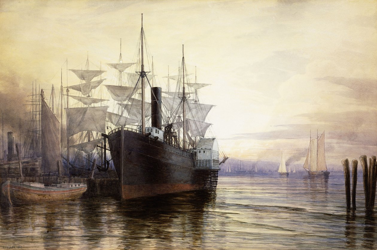 Sunset, New York Harbour, 1880 af Henry Farrer