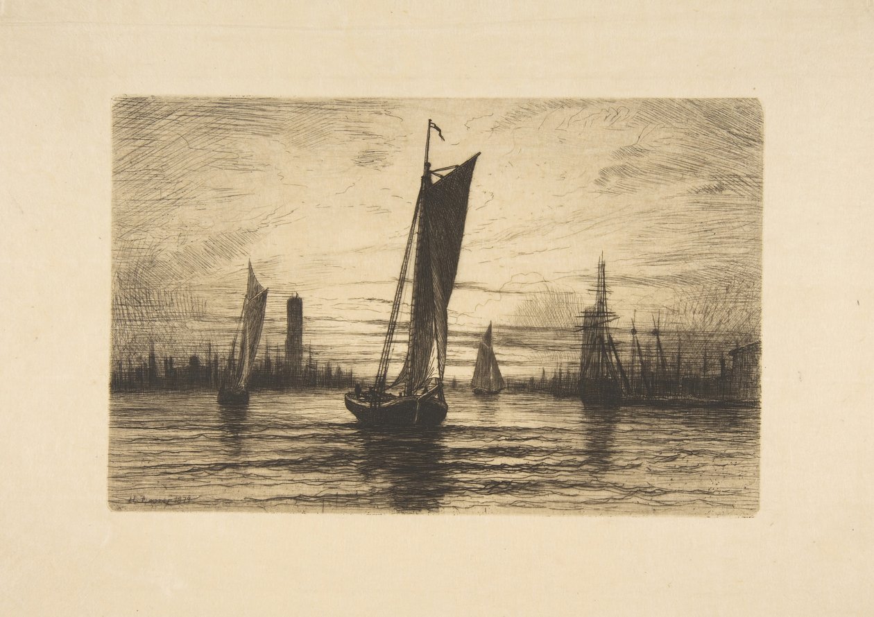 Solnedgang ved East River, 1879. af Henry Farrer