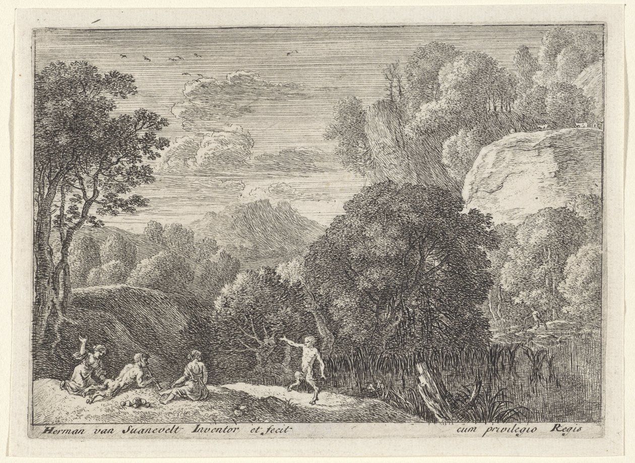 dansende satyr Landskaber med satyrer (serietitel) af Herman van Swanevelt