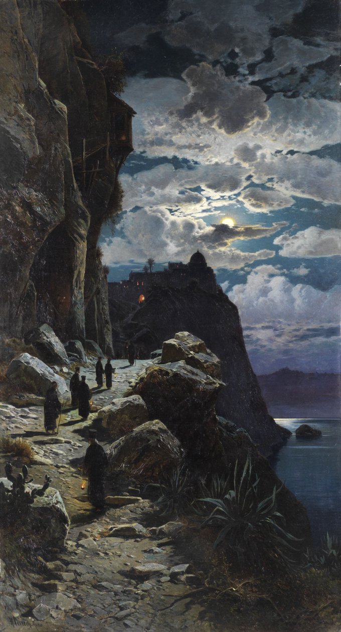 Munkene går til bjergklostret Athos. af Hermann David Salomon Corrodi