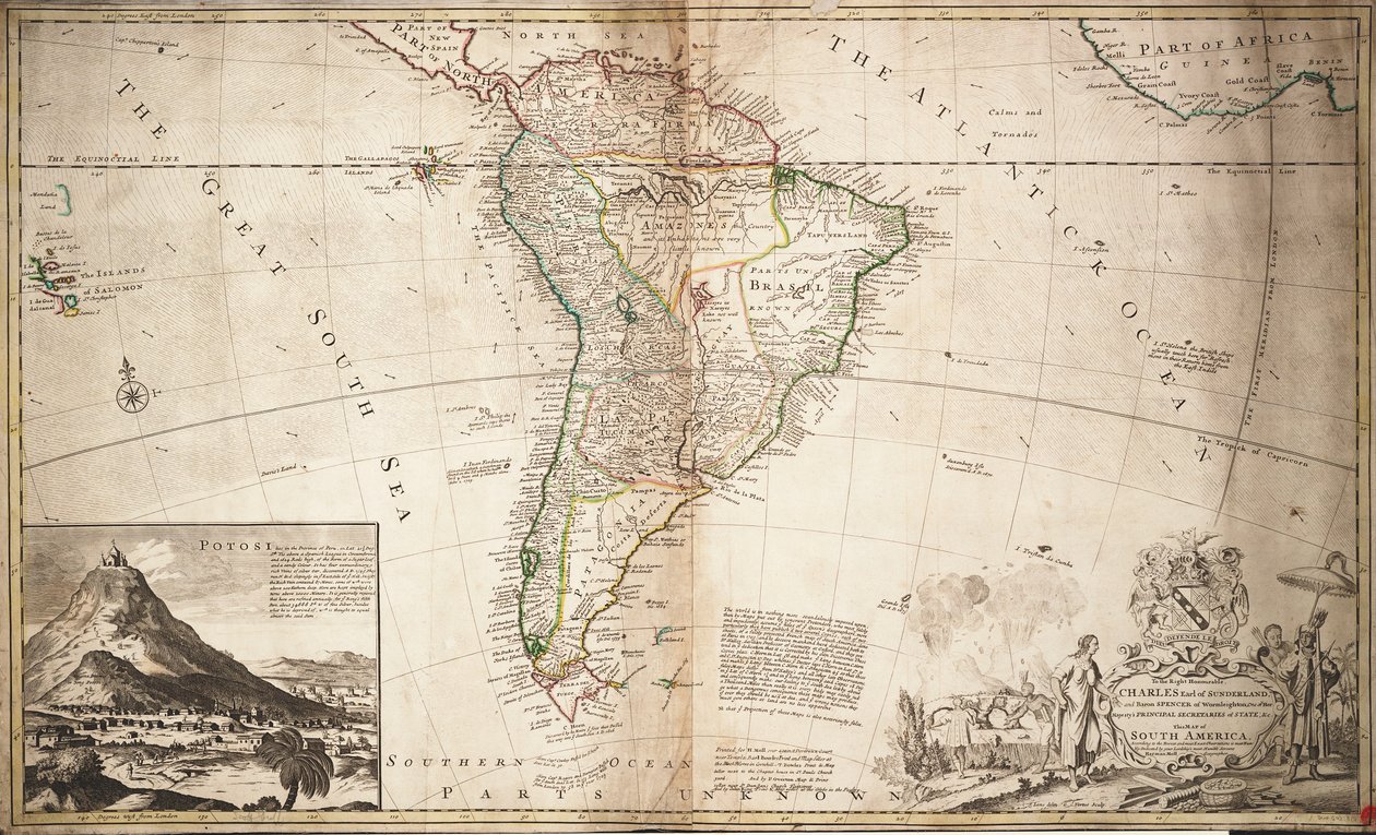 Kort over Sydamerika, ca. 1715 (koloreret stik) af Hermann Moll