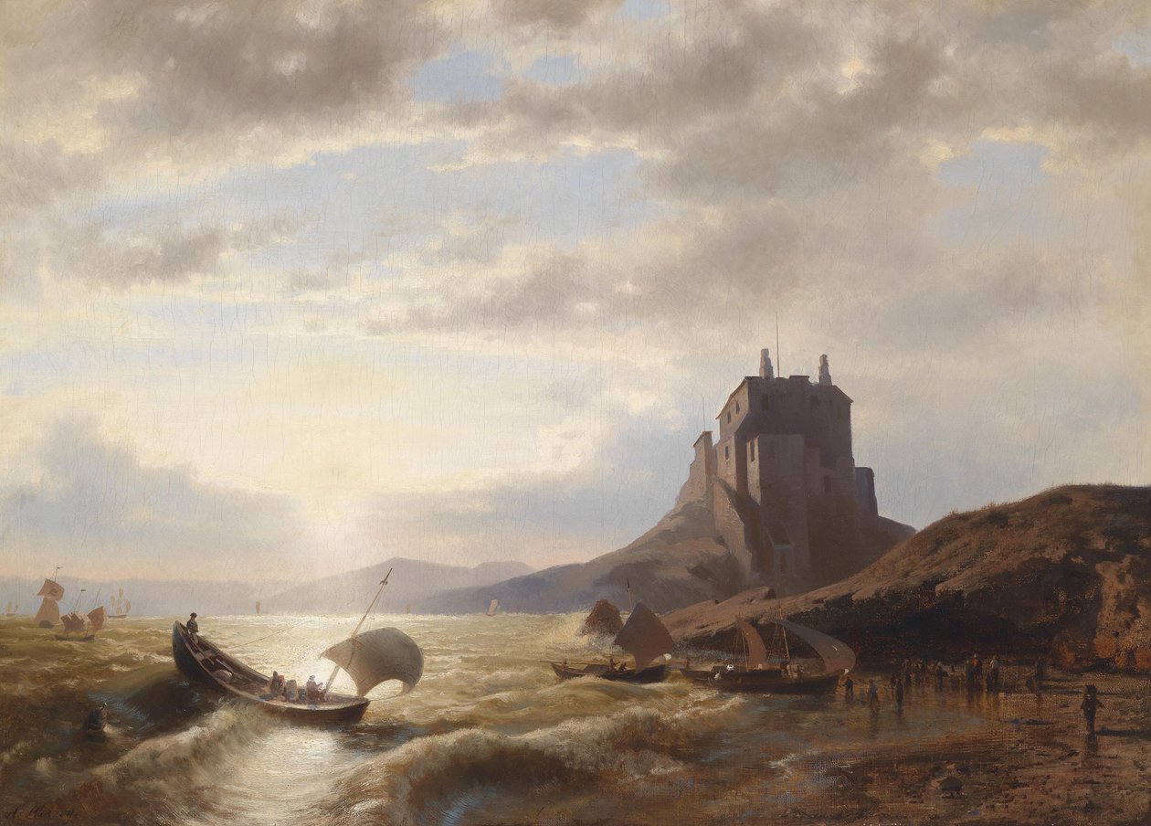 Kystlandskab med fiskere af Hermann Ottomar Herzog