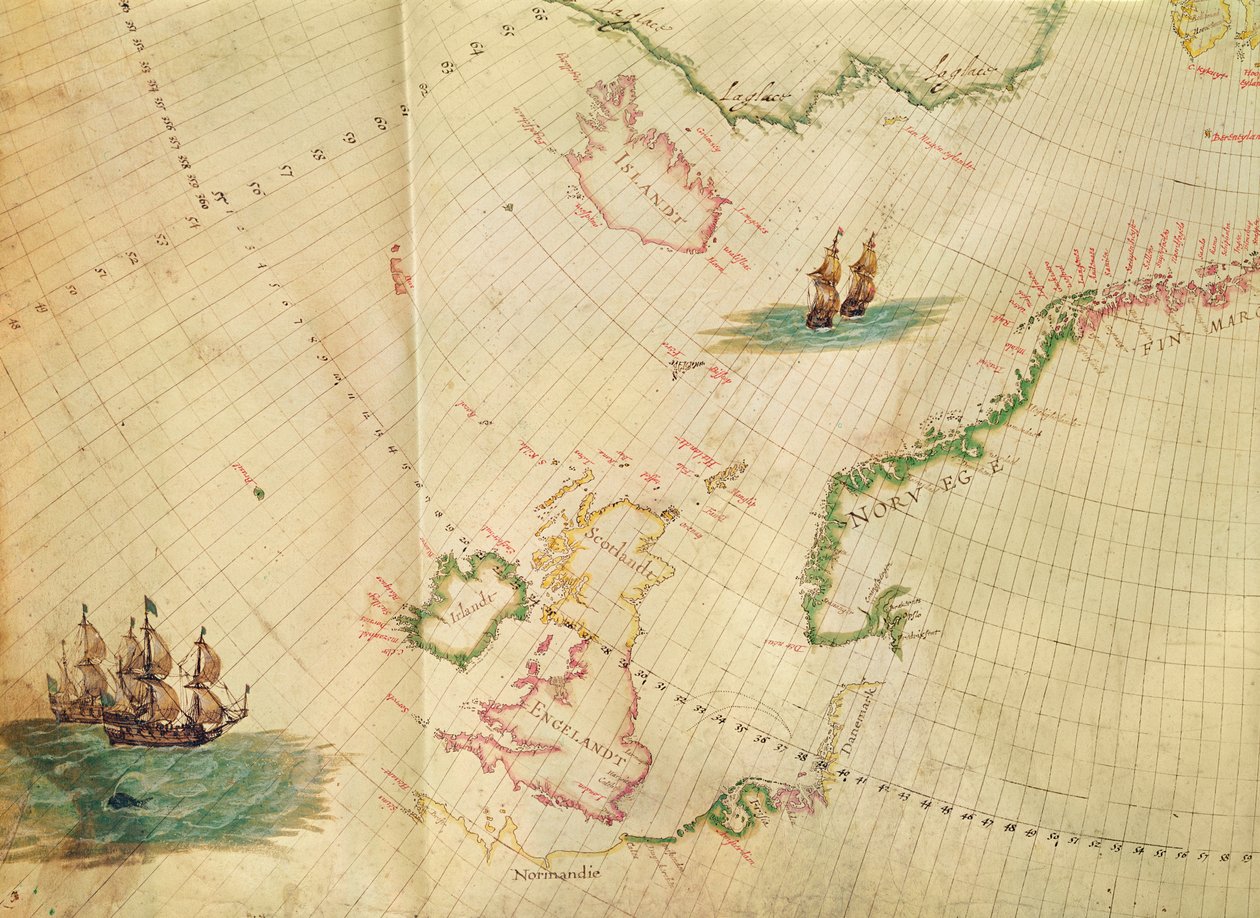 frk. 1288 fol. 1 The Polar Aurora, detalje af England, Irland og Norge, fra en samling hollandske marinekortgraveringer af Hessel Gerritsz