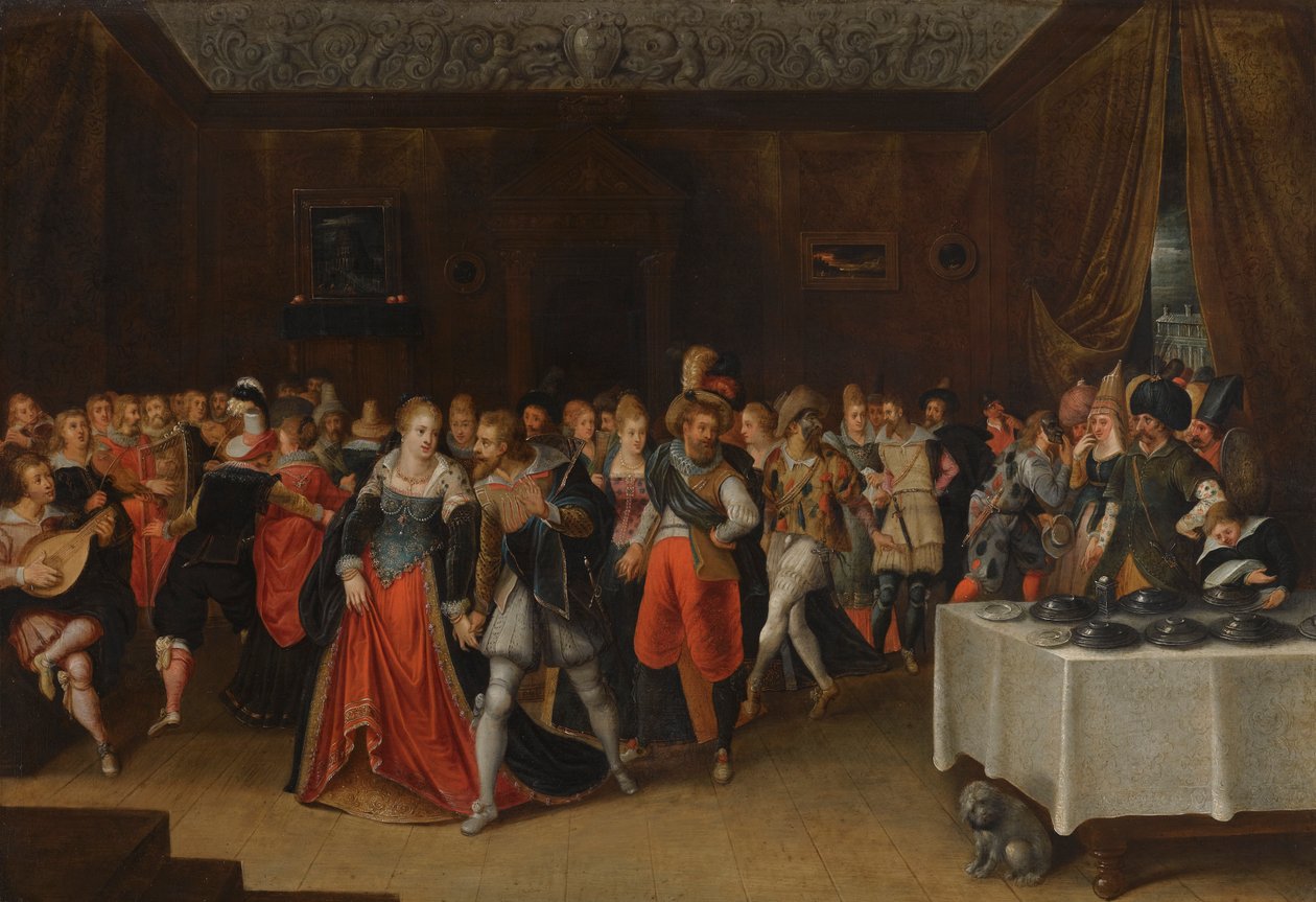En indvendig scene med elegante figurer ved et bryllup af Hieronymous Francken II