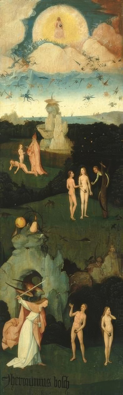 Englens fald, Evas skabelse, menneskets fald, udvisning fra paradis af Hieronymus Bosch