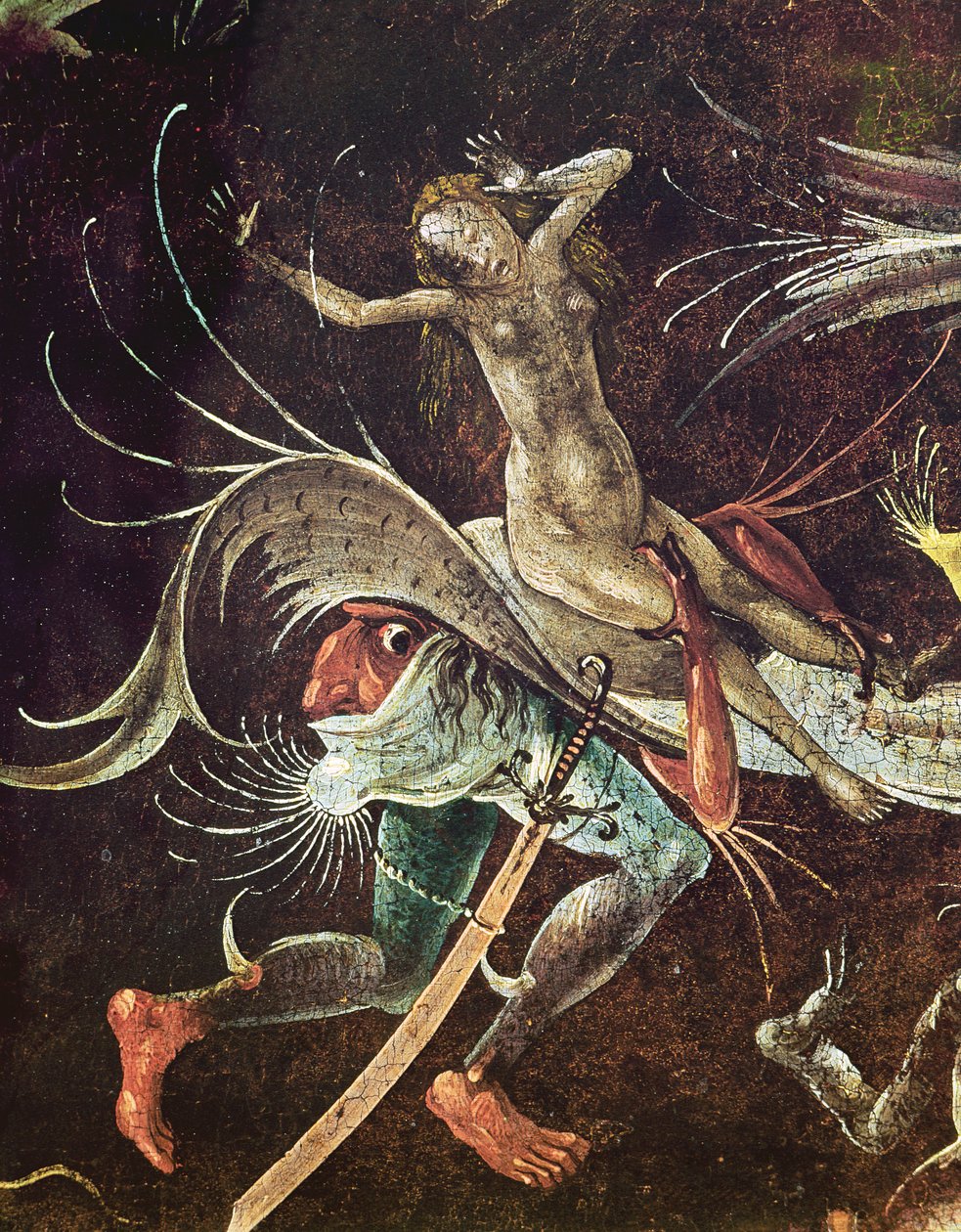 The Last Judgement, detalje af en kvinde, der bliver båret med af en dæmon, ca. 1504 af Hieronymus Bosch