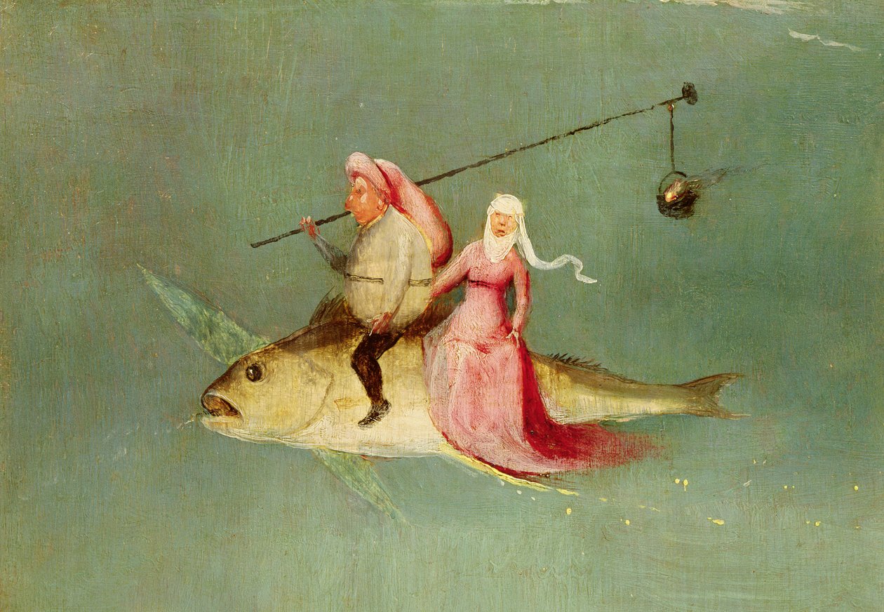 The Temptation of St. Anthony, højre panel, detalje af et par, der rider på en fisk (se 35965) af Hieronymus Bosch