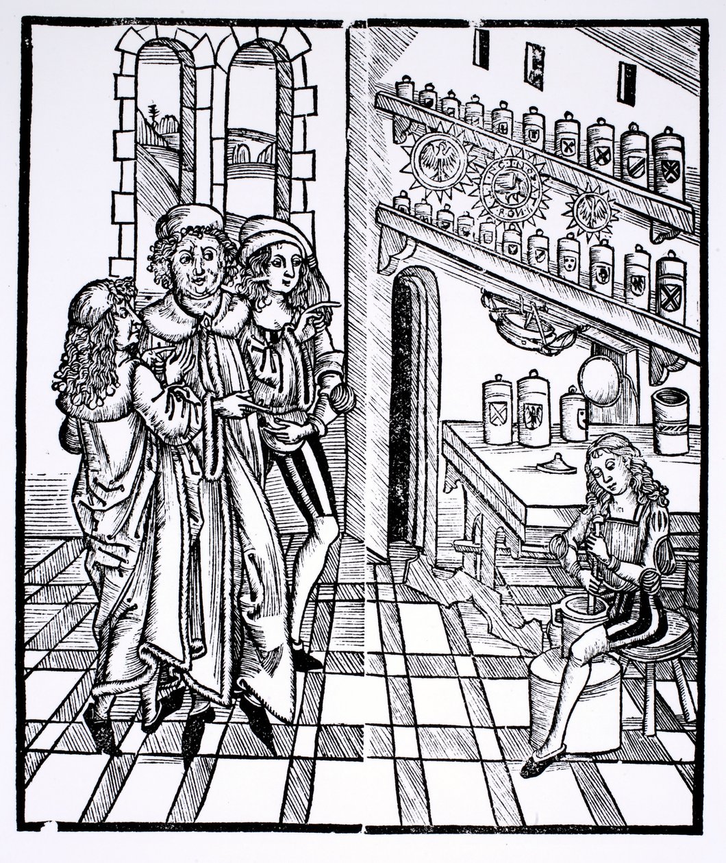 Apotekerværksted, fra "Das Buch der Cirugia" udgivet i Strasbourg, 1497 af Hieronymus Brunschwig