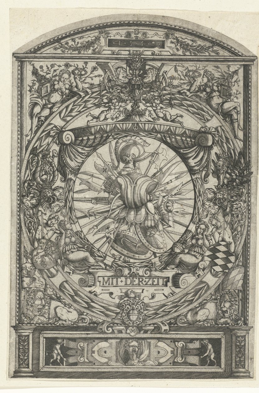Medaljon med våbentrofæ i ornamental ramme af Hieronymus Wechinger