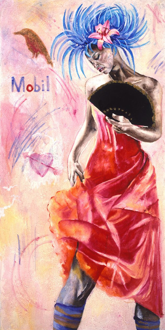 Danser med graffiti, 2003 (olie med bladguld på lærred) af Hilary Dunne