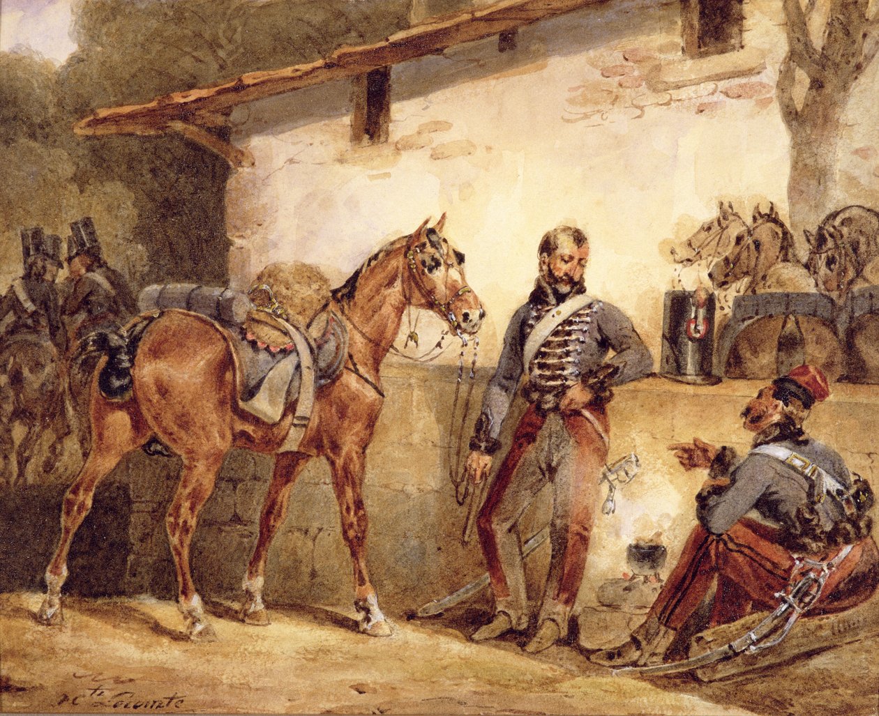 Franske soldater hviler sig, 1831 (wc og gouache på papir) af Hippolyte Lecomte