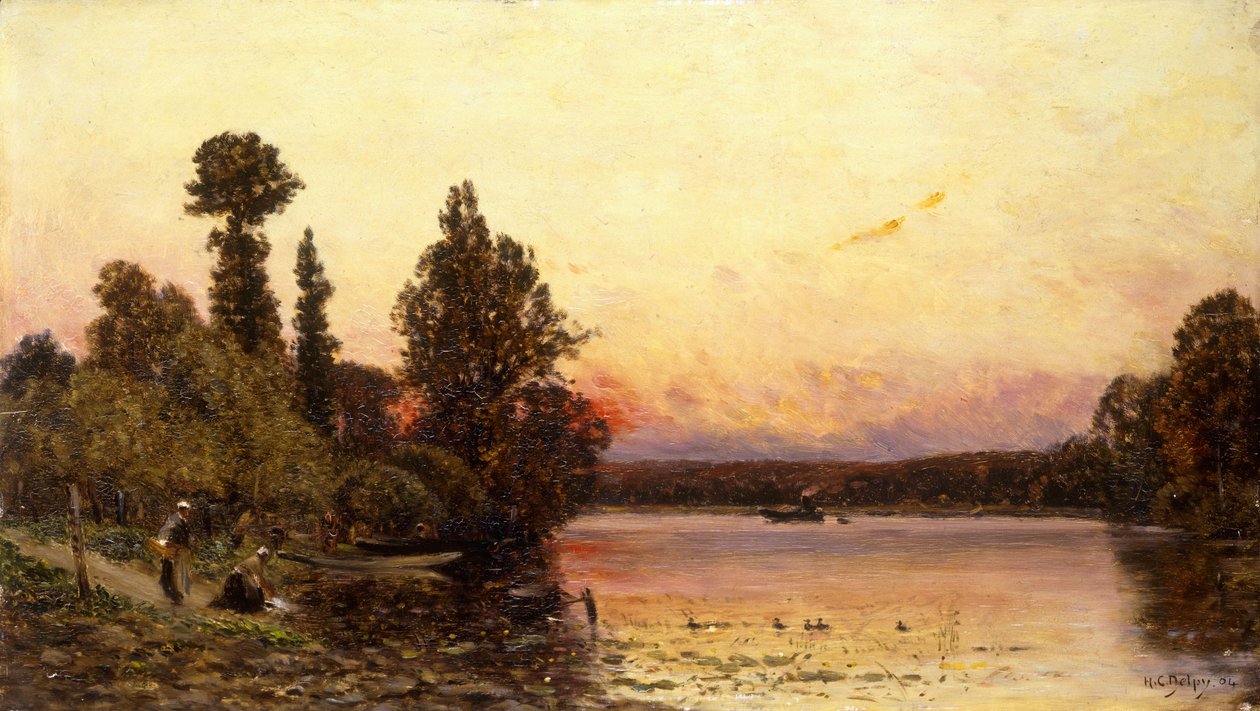 Solnedgang, ved flodens kant, 1904 af Hippolyte Camille Delpy