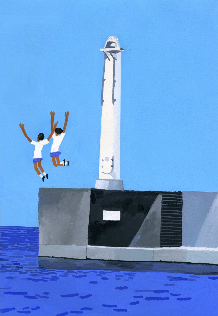 En pige hopper ved dæmningen af Hiroyuki Izutsu