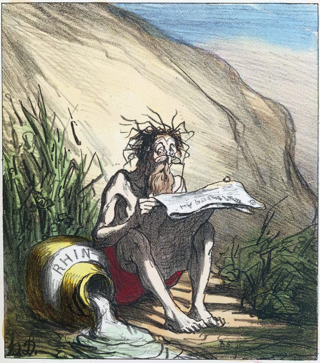 Diogenes (d.c.320 f.Kr.) læser en avis, ca. 1870 (farvelitografi) af Honoré Daumier