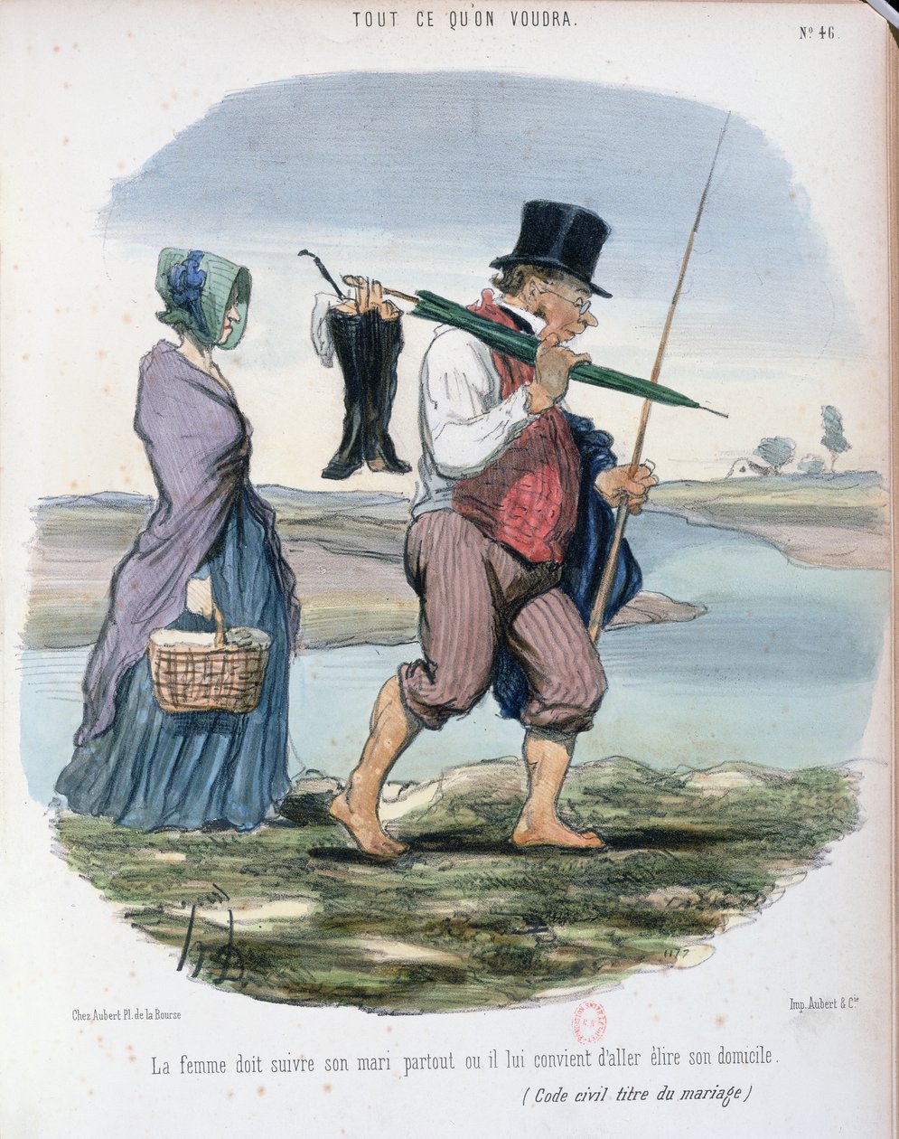 Karikatur, der latterliggør kapitel VI af ægtefællers rettigheder og pligter i den franske Code Civil, bekendtgjort af Napoleon i 1804, ca. 1840-50 af Honoré Daumier