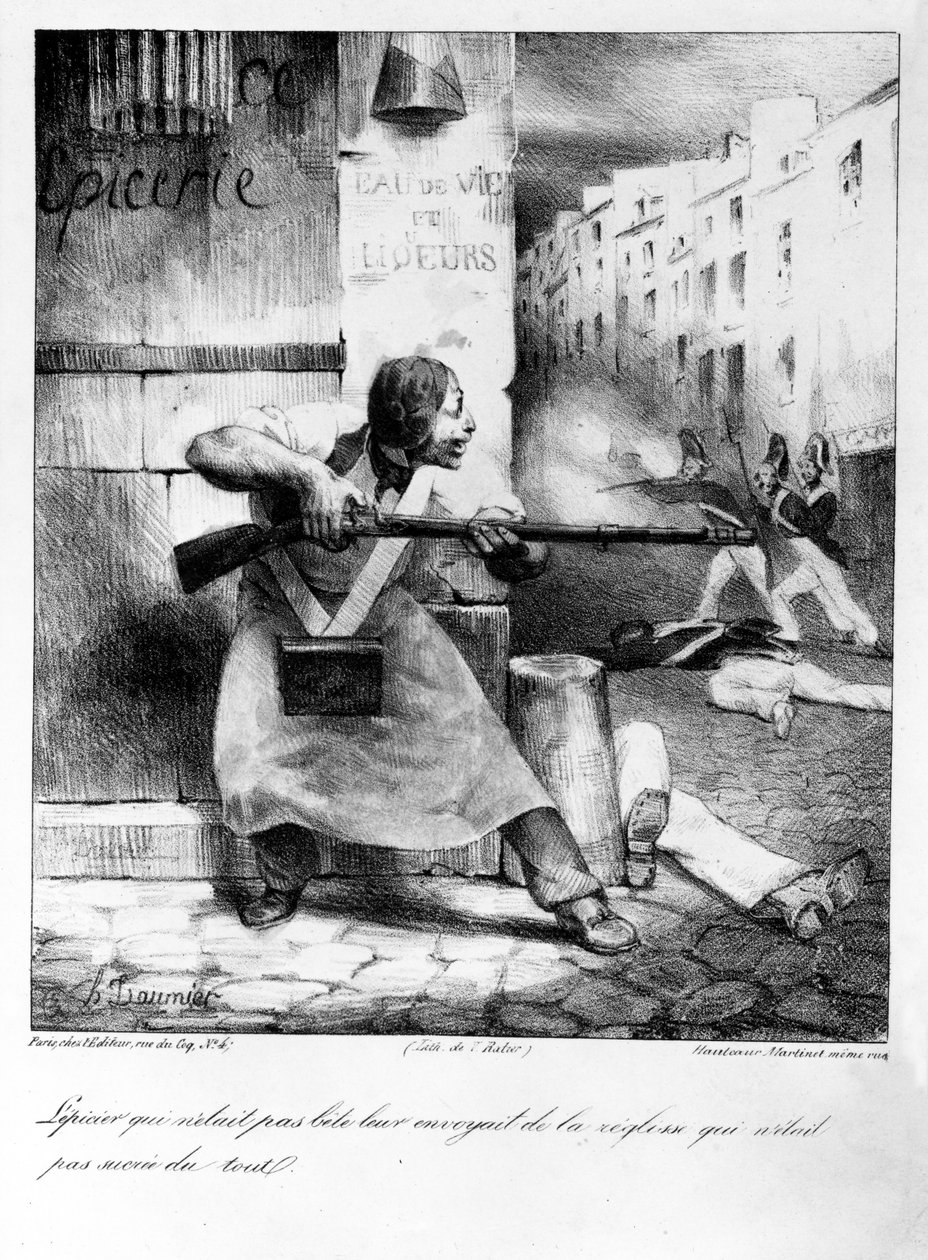 Oprørskøbmand skyder mod gendarmerne under julirevolutionen, 1830 af Honoré Daumier