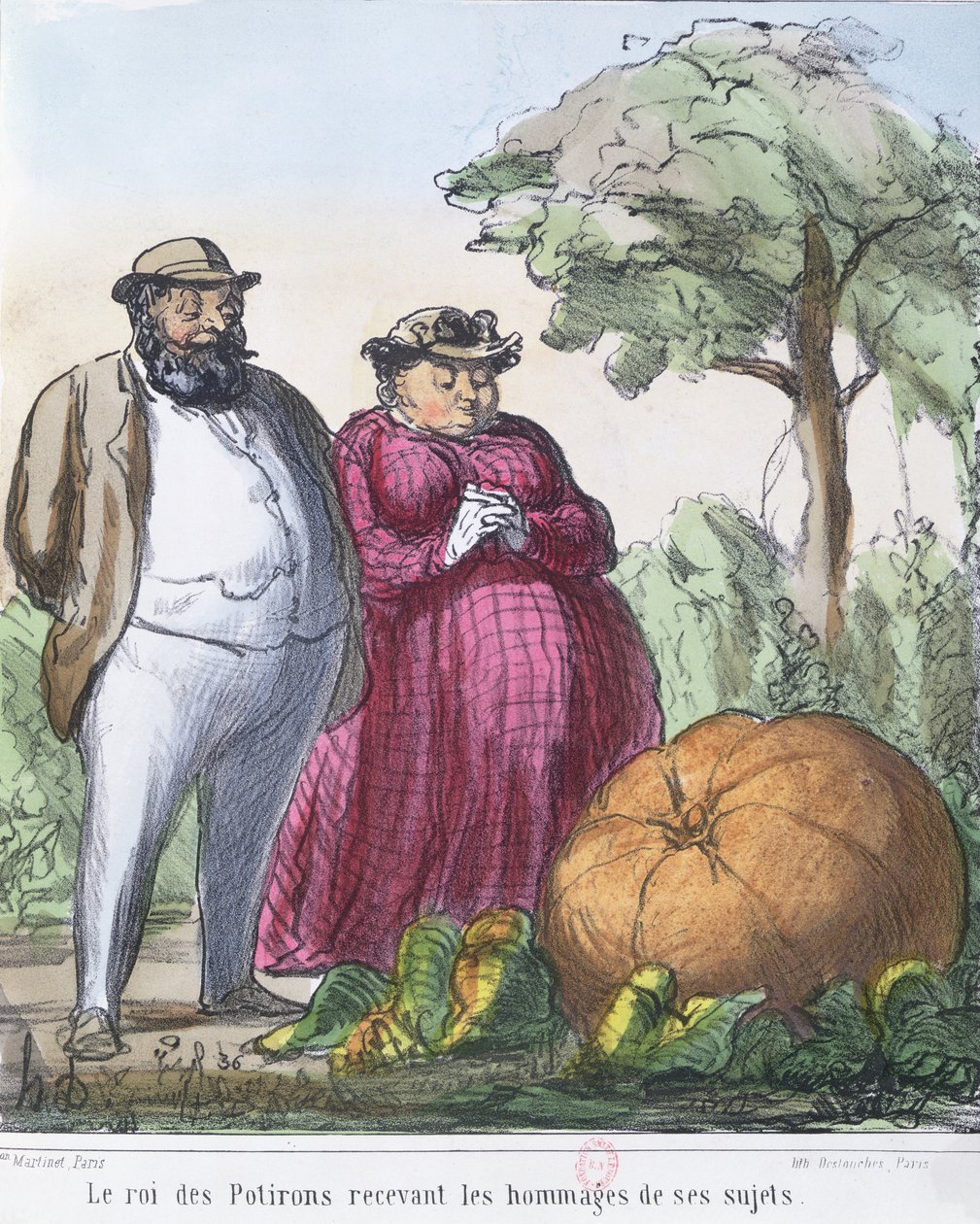 "Græskarkongen modtager sine undersåtters hyldest" (farvestik) af Honoré Daumier