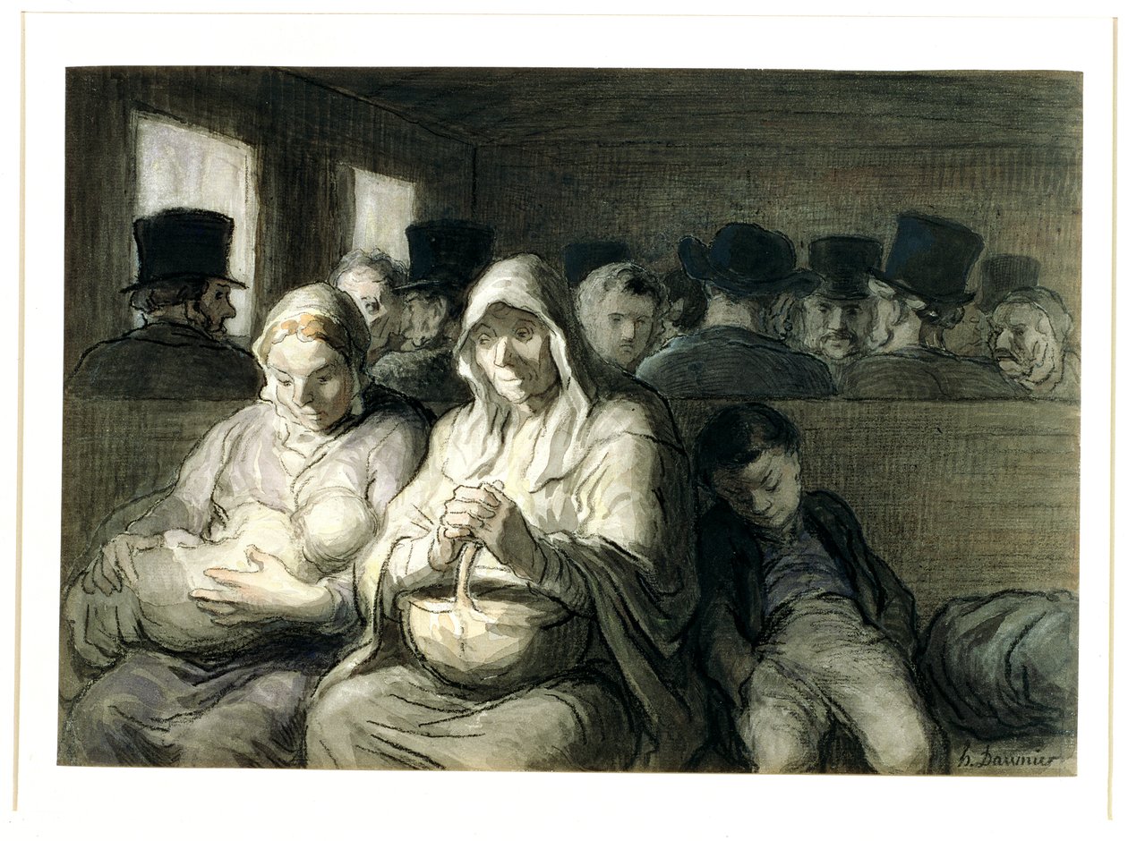 The Third Class Carriage, 1864 (wc blækvask og trækul på papir) af Honoré Daumier