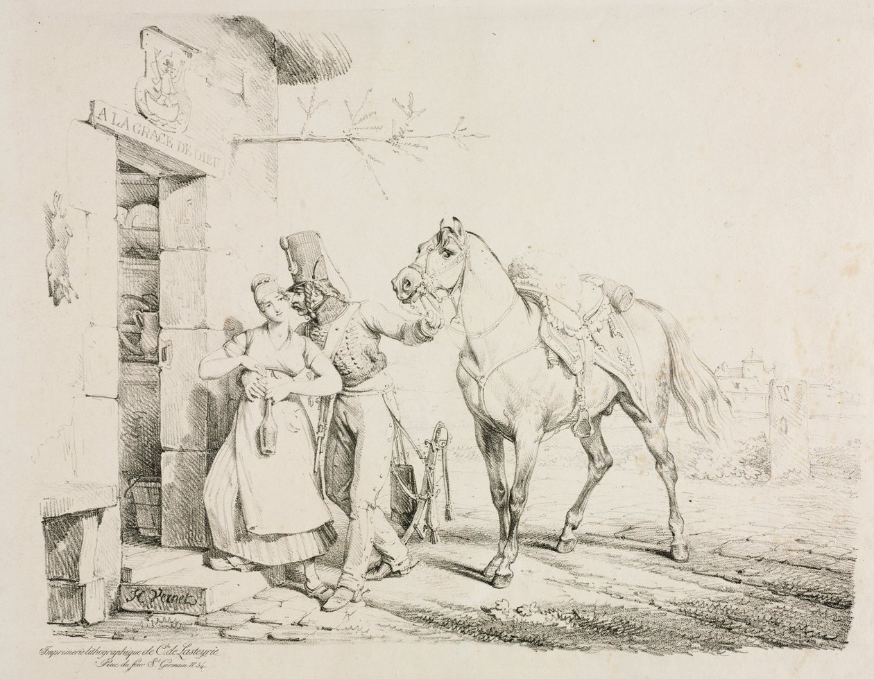 En husar, der omfavner en tjener. af Emile Jean Horace Vernet