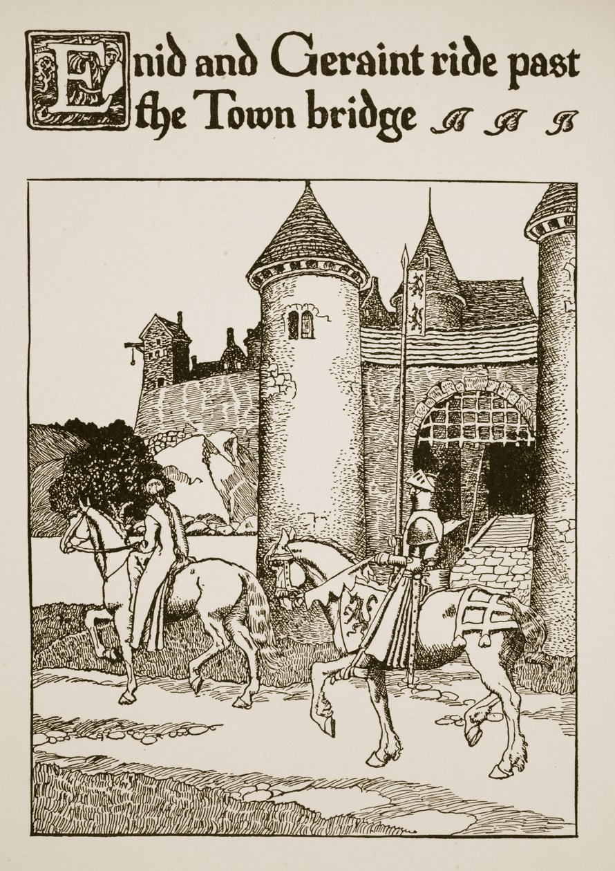 Enid og Geraint rider forbi bybroen, illustration fra "The Story of the Grail and the Passing of Arthur", ca. 1910 af Howard Pyle