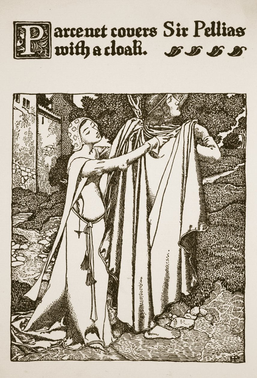Parcenet dækker Sir Pellias med en kappe, illustration fra 