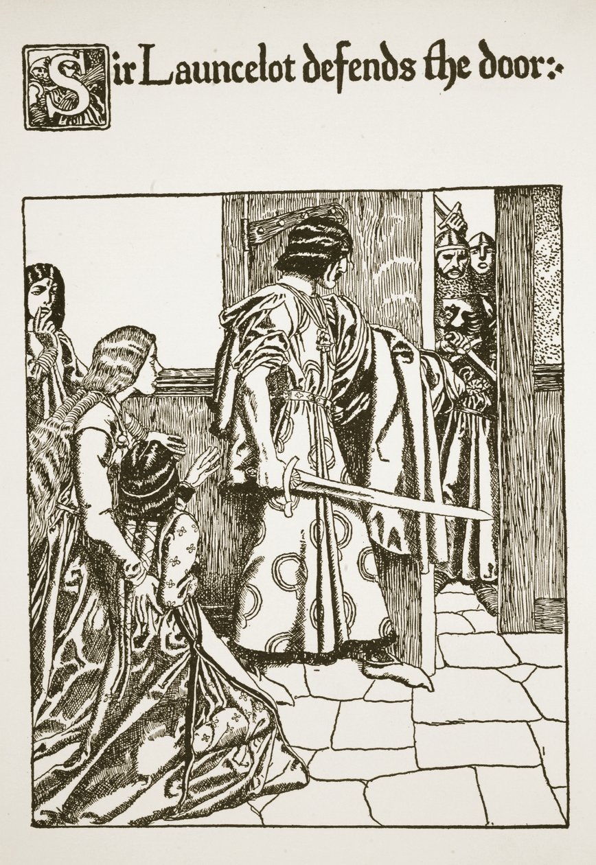 Sir Launcelot forsvarer døren, illustration fra 