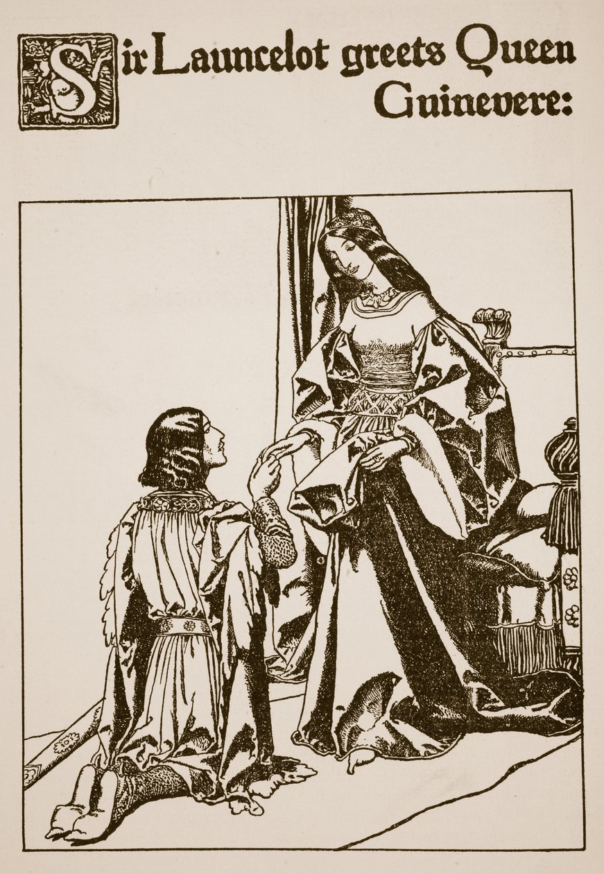 Sir Launcelot hilser på dronning Guinevere, illustration fra 
