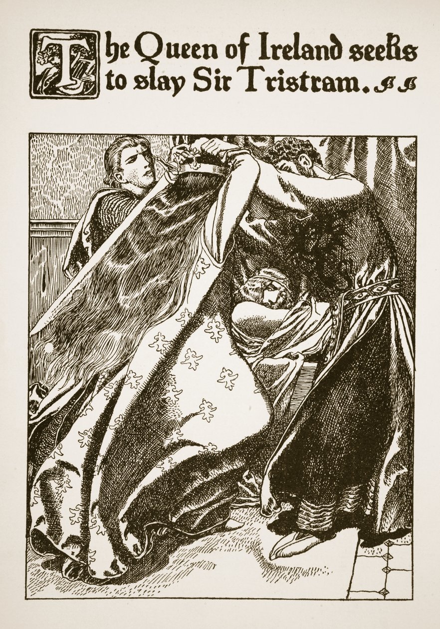 Dronningen af Irland søger at dræbe Sir Tristram, illustration fra 