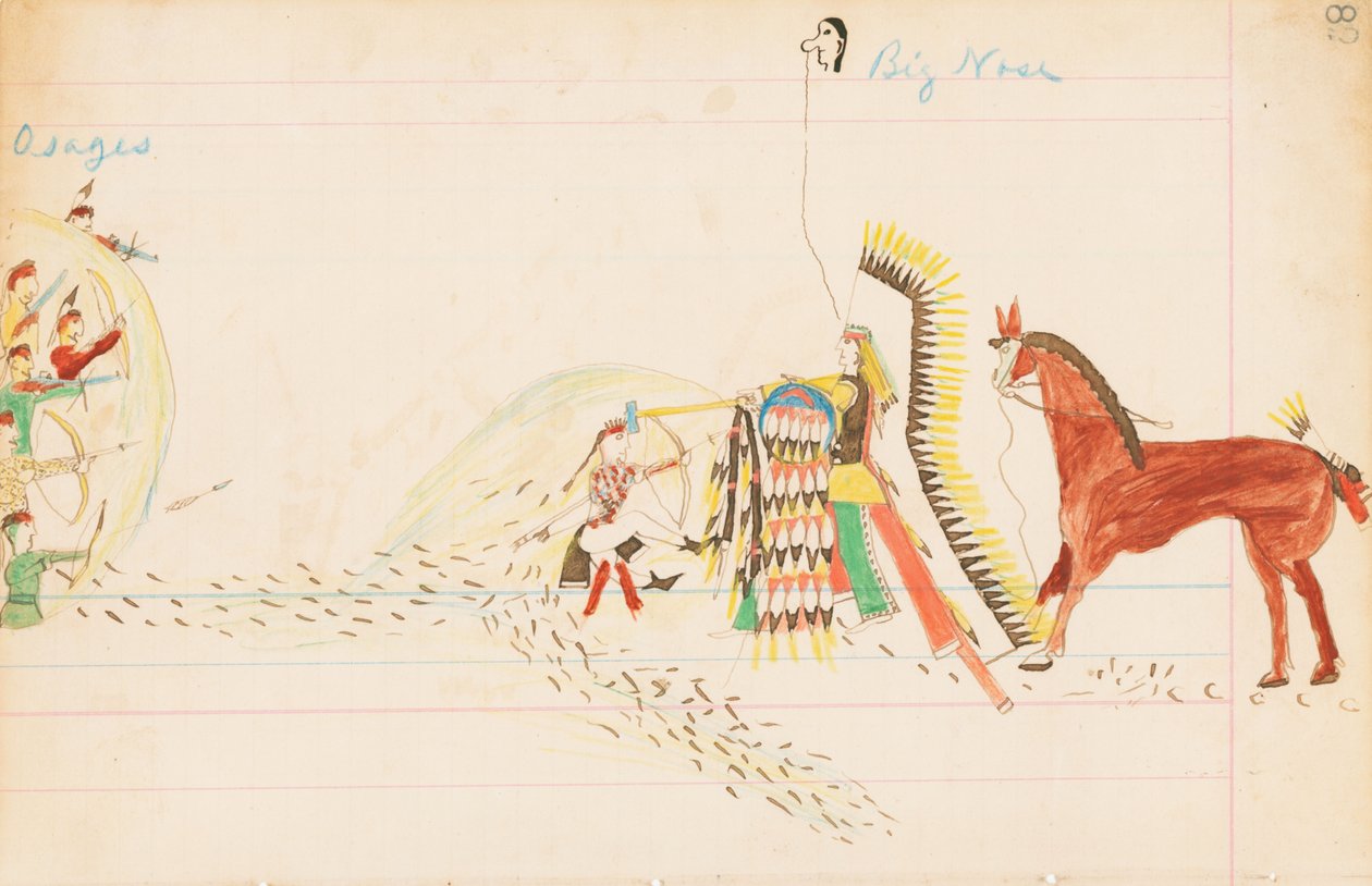 Osages, Big Nose, 1874-75 (pen, blæk og wc på hovedbogspapir) af Howling Wolf