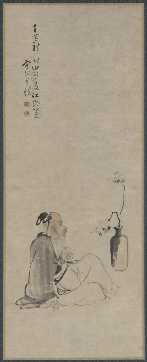 Gammel mand stirrer på grene af magnolia i en vase, Qing-dynastiet, 1722 (blæk og farve på papir) af Huang Shen
