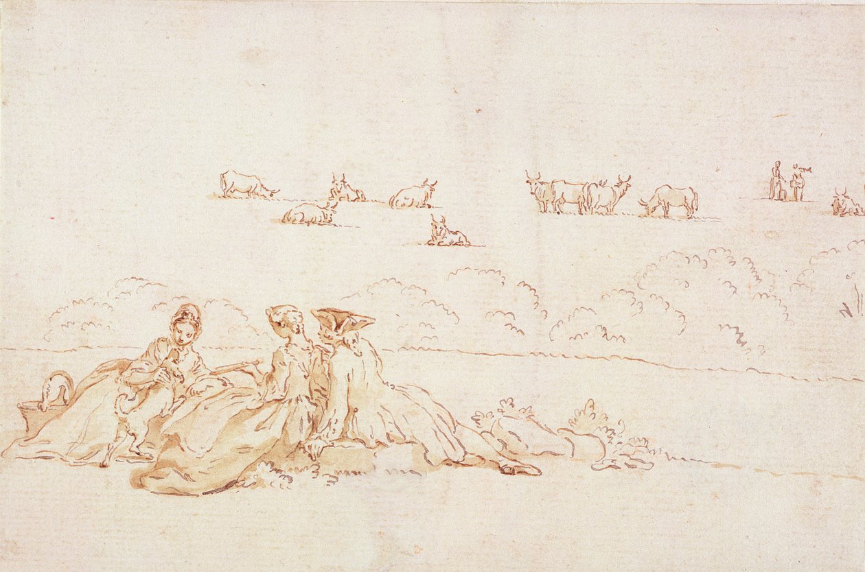 A Picnic: Two Ladies and a Gentleman (brun vask med kuglepen og brunt blæk over rødt kridt på papir) af Hubert Francois Gravelot