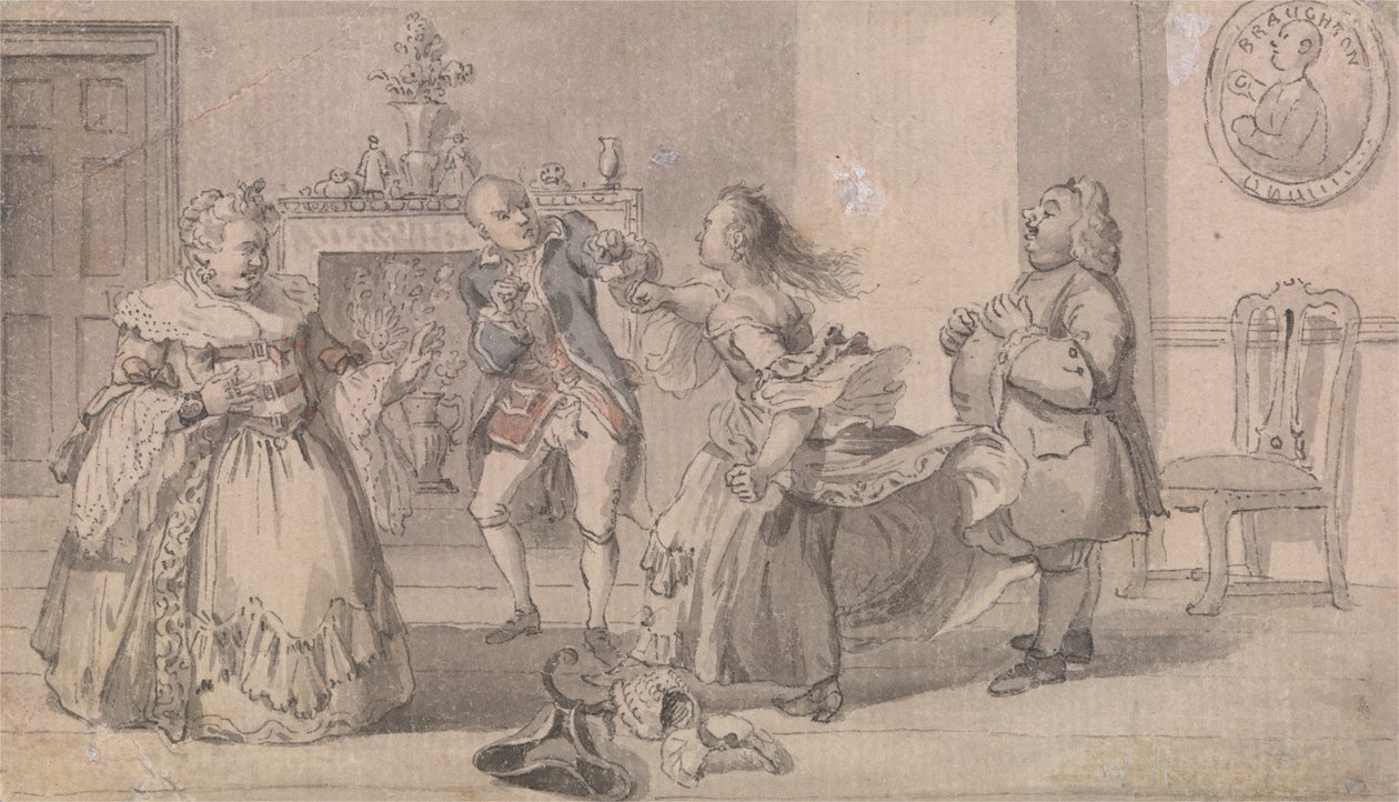 Matrimonial Fisticuffs, med et portræt af Pugilisten John Broughton, i baggrunden af Hubert Francois Gravelot
