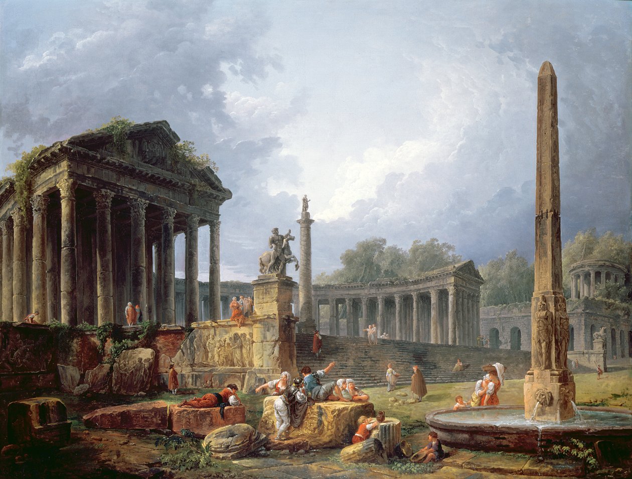 Arkitektonisk capriccio med obelisk, 1768 af Hubert Robert