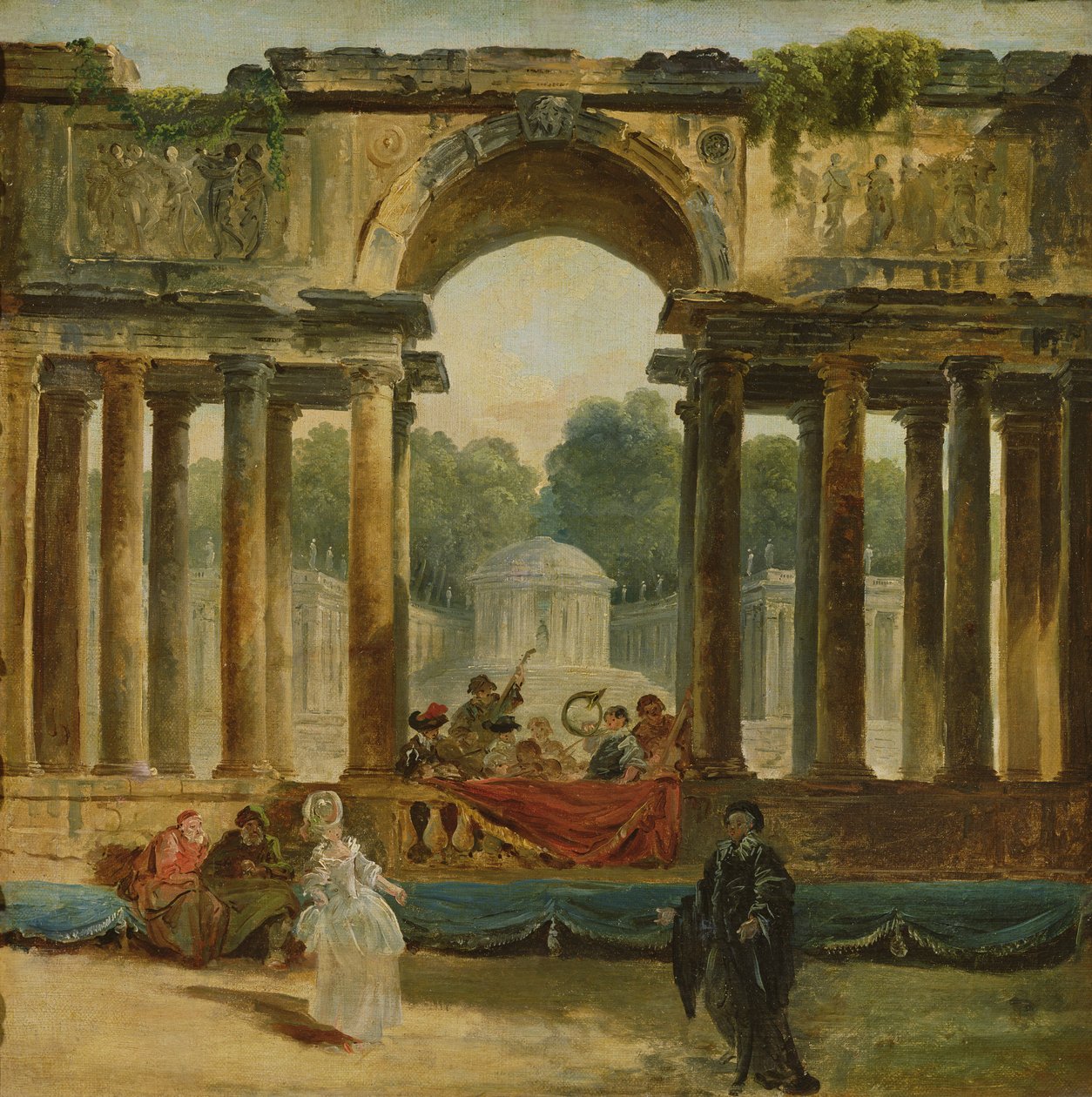 Dans og koncert i en park af Hubert Robert