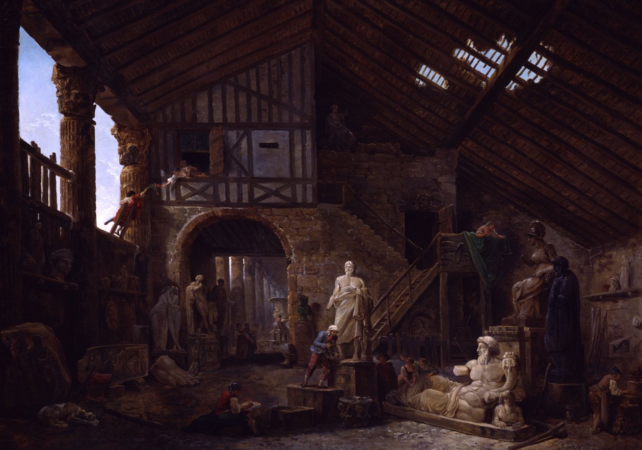 Studio af en antikviteter restaurator i Rom af Hubert Robert