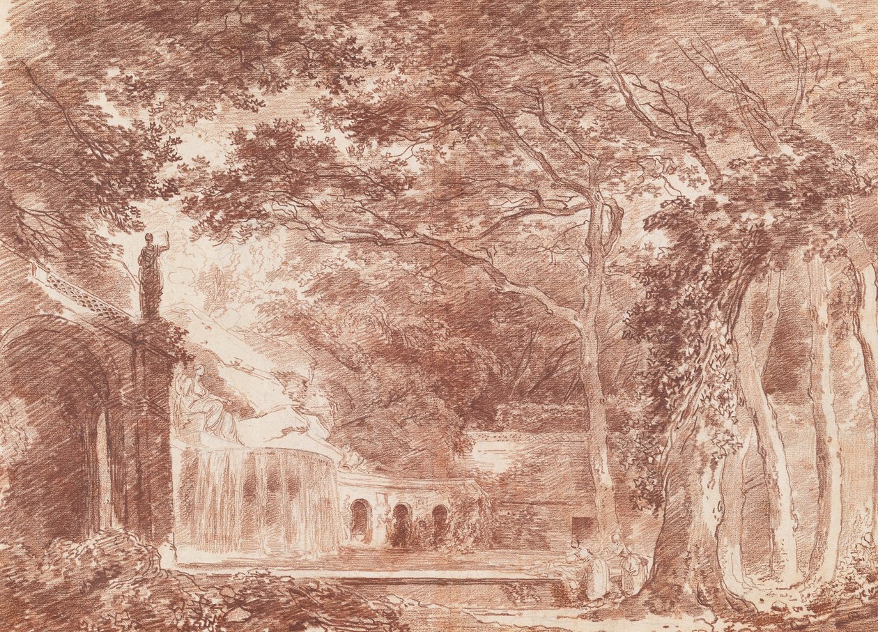 Det ovale springvand i haverne i Villa dEste, Tivoli af Hubert Robert